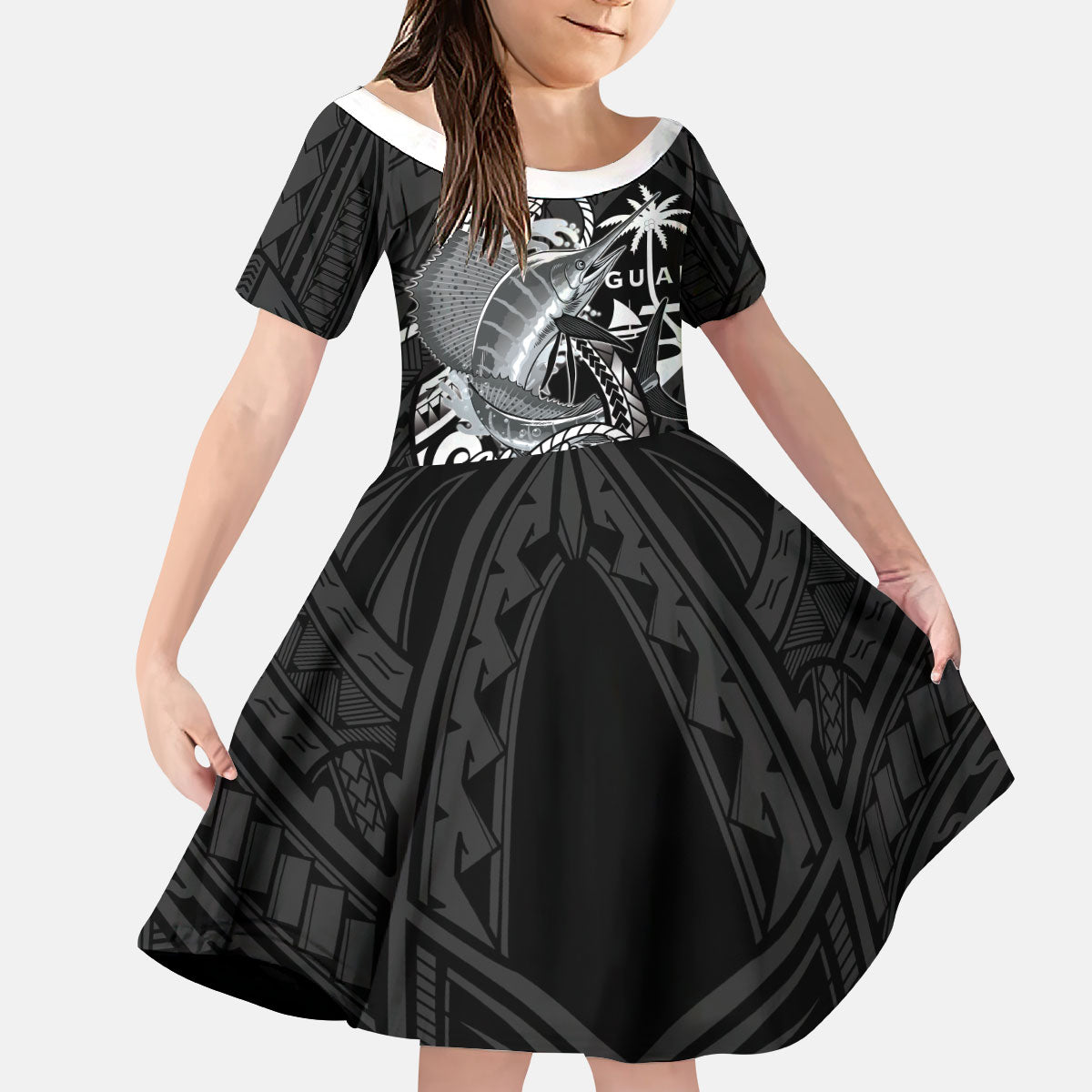 Guam Blue Marlin Fishing Kid Short Sleeve Dress Guahan Fish Hook Tattoo Black Version