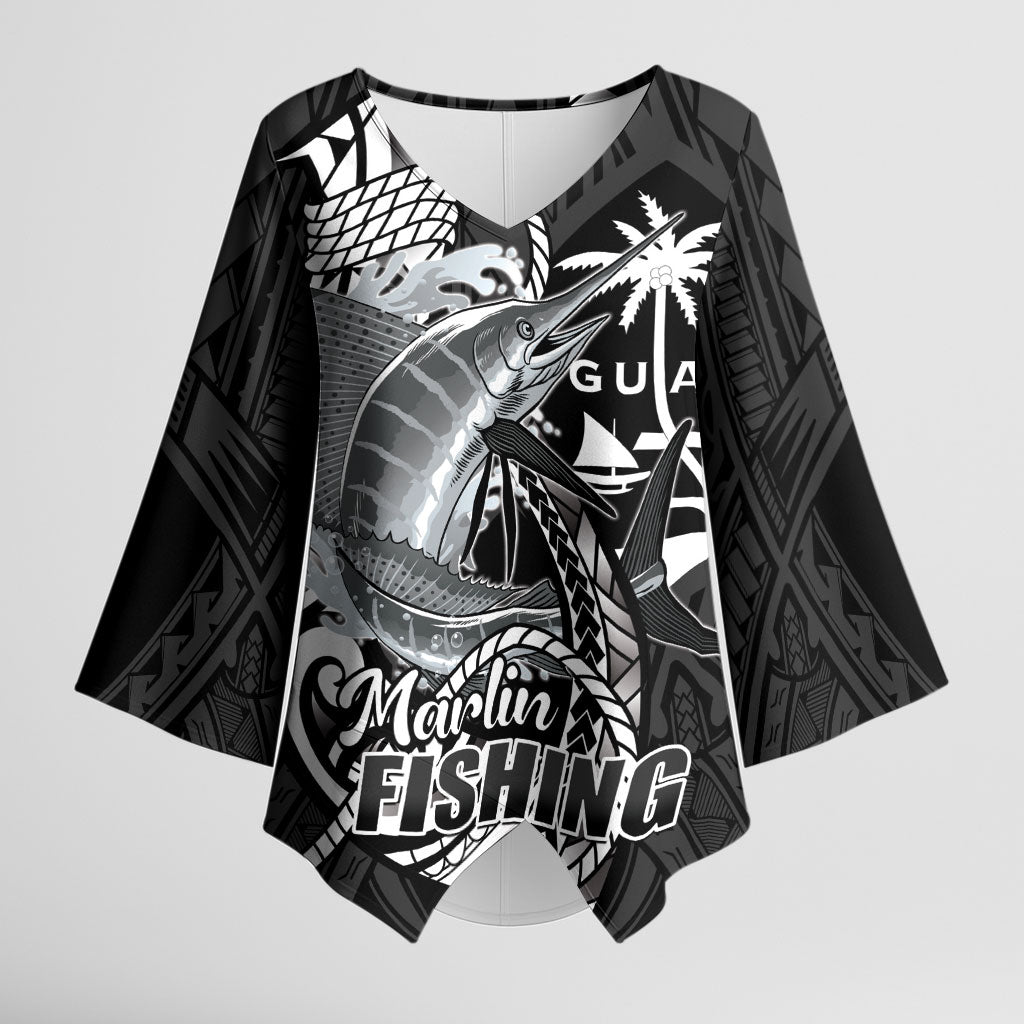 Guam Blue Marlin Fishing Kimono Sleeve Blouse Guahan Fish Hook Tattoo Black Version