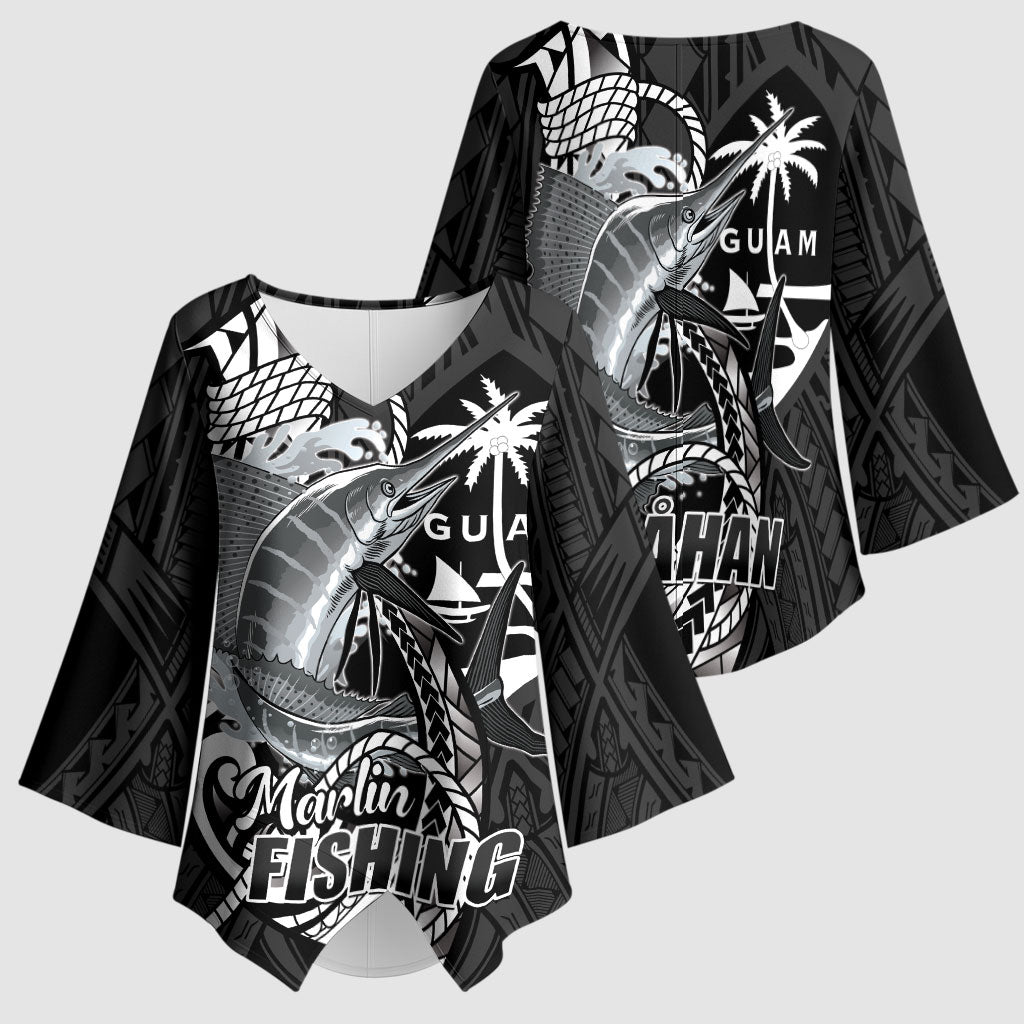 Guam Blue Marlin Fishing Kimono Sleeve Blouse Guahan Fish Hook Tattoo Black Version LT14 - Polynesian Pride