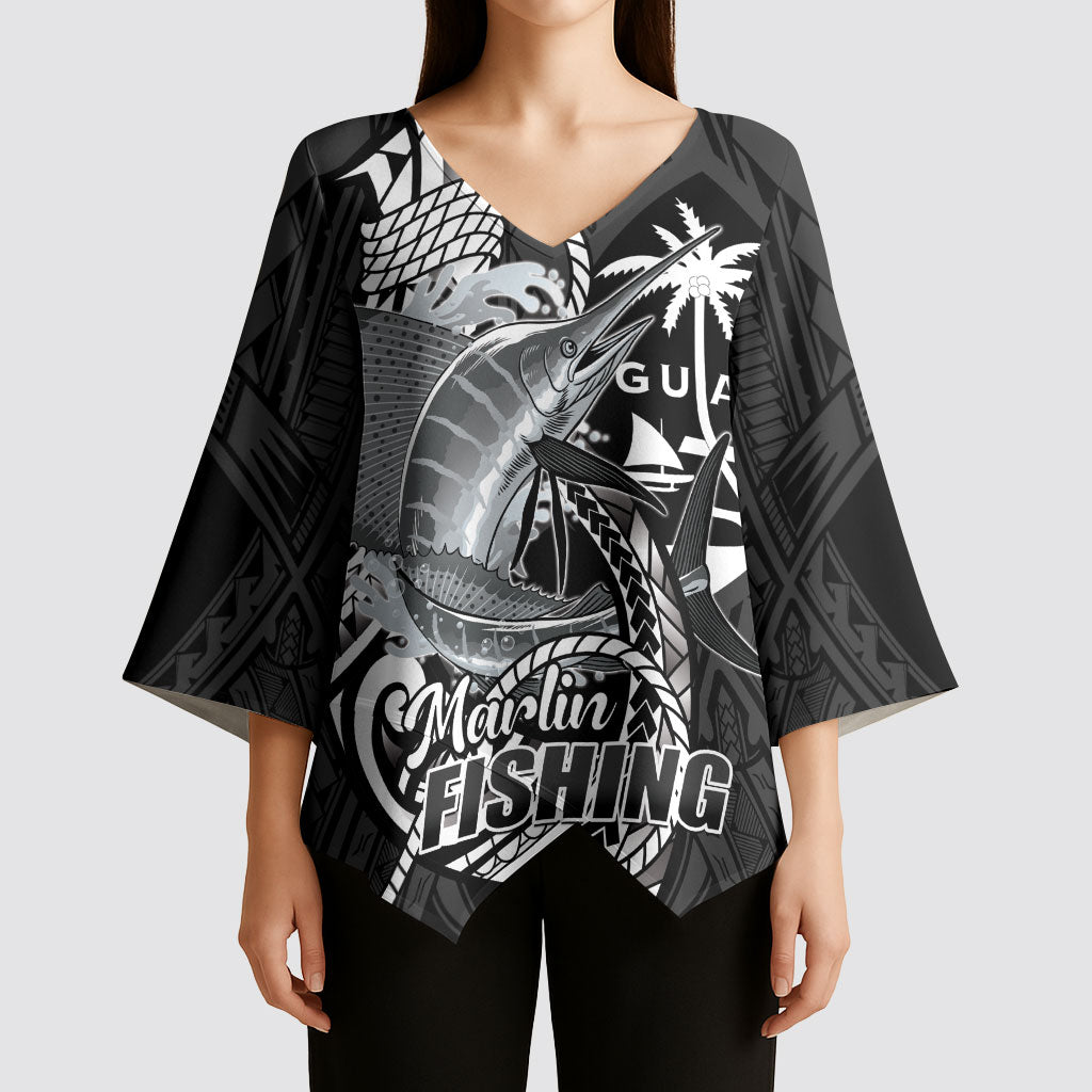 Guam Blue Marlin Fishing Kimono Sleeve Blouse Guahan Fish Hook Tattoo Black Version LT14 - Polynesian Pride