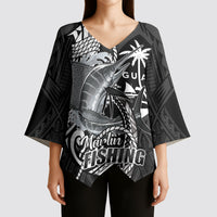 Guam Blue Marlin Fishing Kimono Sleeve Blouse Guahan Fish Hook Tattoo Black Version LT14 - Polynesian Pride