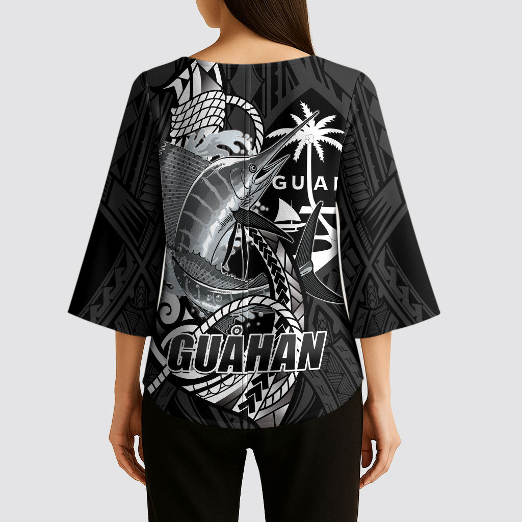 Guam Blue Marlin Fishing Kimono Sleeve Blouse Guahan Fish Hook Tattoo Black Version LT14 - Polynesian Pride