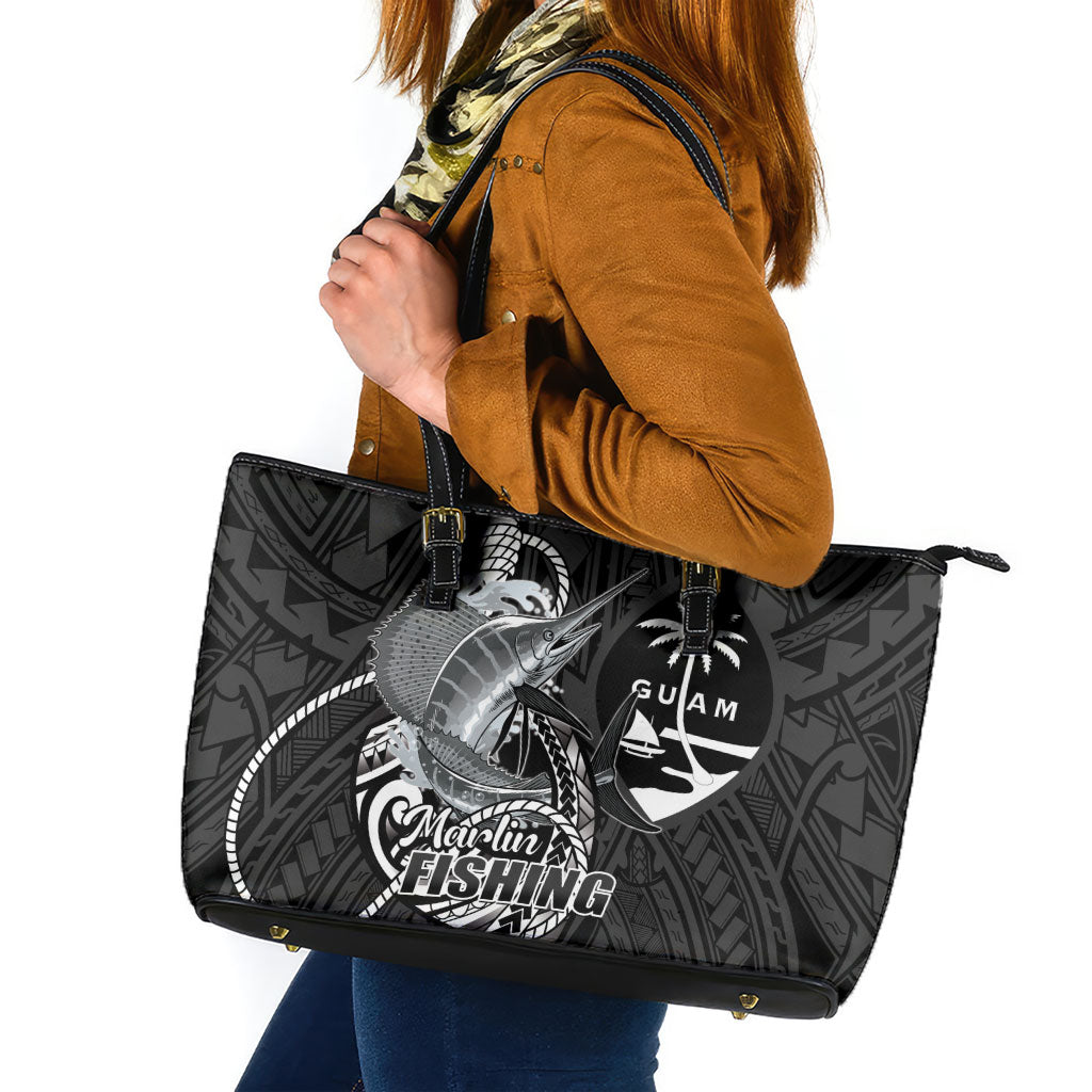 Guam Blue Marlin Fishing Leather Tote Bag Guahan Fish Hook Tattoo Black Version LT14 Black - Polynesian Pride