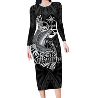 Guam Blue Marlin Fishing Long Sleeve Bodycon Dress Guahan Fish Hook Tattoo Black Version LT14 Long Dress Black - Polynesian Pride
