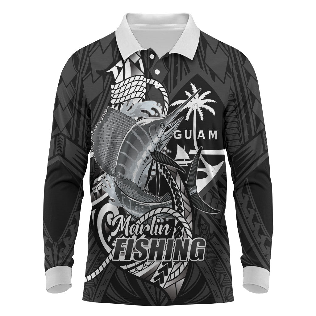 Guam Blue Marlin Fishing Long Sleeve Polo Shirt Guahan Fish Hook Tattoo Black Version LT14 Black - Polynesian Pride