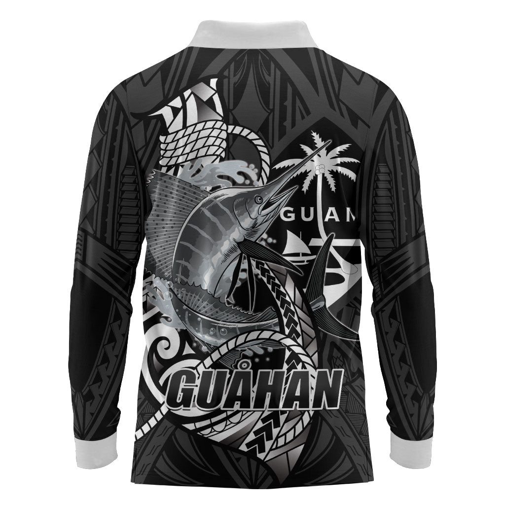 Guam Blue Marlin Fishing Long Sleeve Polo Shirt Guahan Fish Hook Tattoo Black Version LT14 - Polynesian Pride