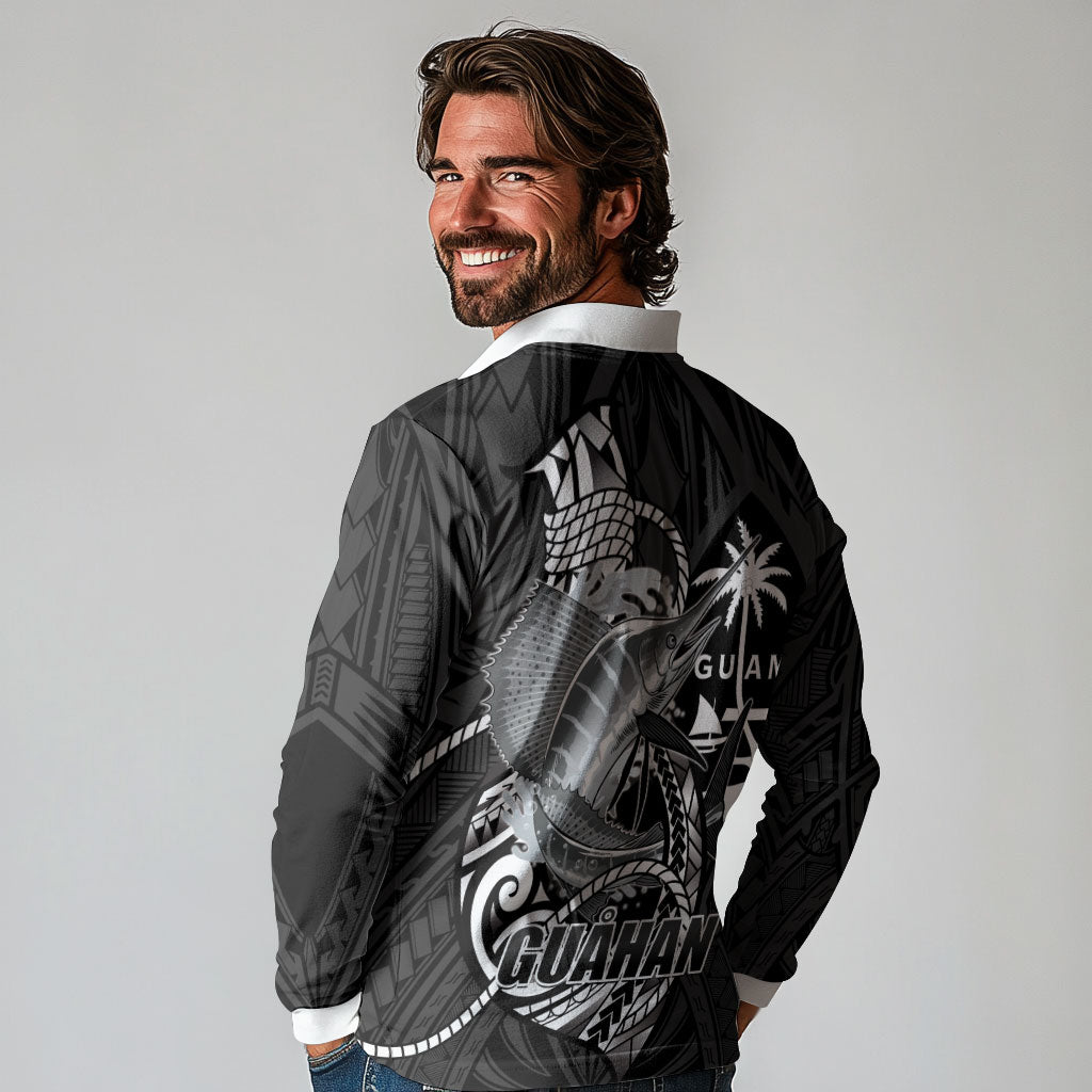 Guam Blue Marlin Fishing Long Sleeve Polo Shirt Guahan Fish Hook Tattoo Black Version LT14 - Polynesian Pride