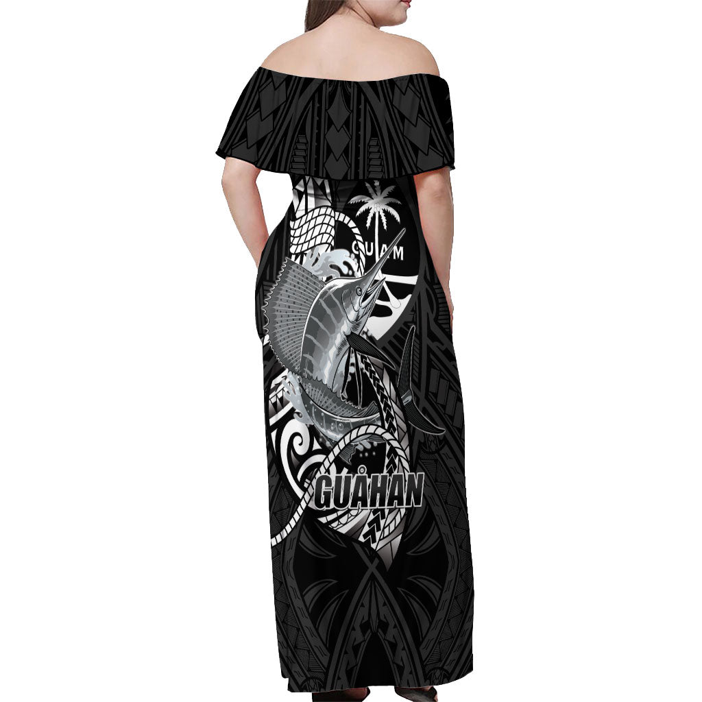 Guam Blue Marlin Fishing Off Shoulder Maxi Dress Guahan Fish Hook Tattoo Black Version LT14 - Polynesian Pride