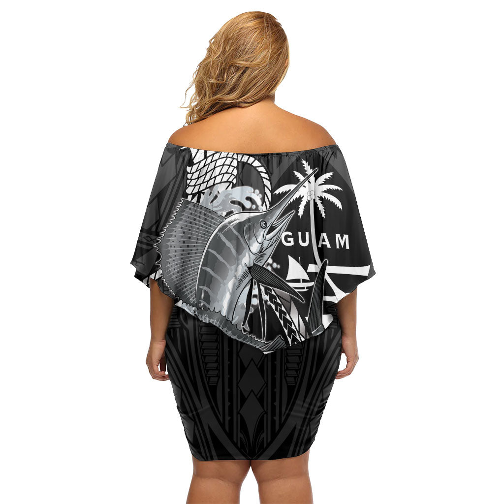 Guam Blue Marlin Fishing Off Shoulder Short Dress Guahan Fish Hook Tattoo Black Version LT14 - Polynesian Pride