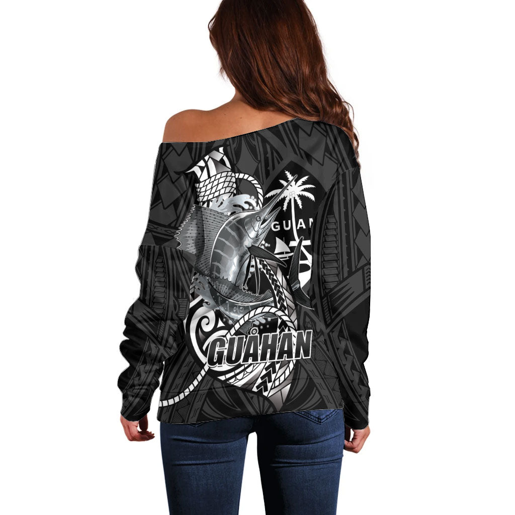 Guam Blue Marlin Fishing Off Shoulder Sweater Guahan Fish Hook Tattoo Black Version LT14 - Polynesian Pride