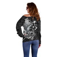 Guam Blue Marlin Fishing Off Shoulder Sweater Guahan Fish Hook Tattoo Black Version LT14 - Polynesian Pride