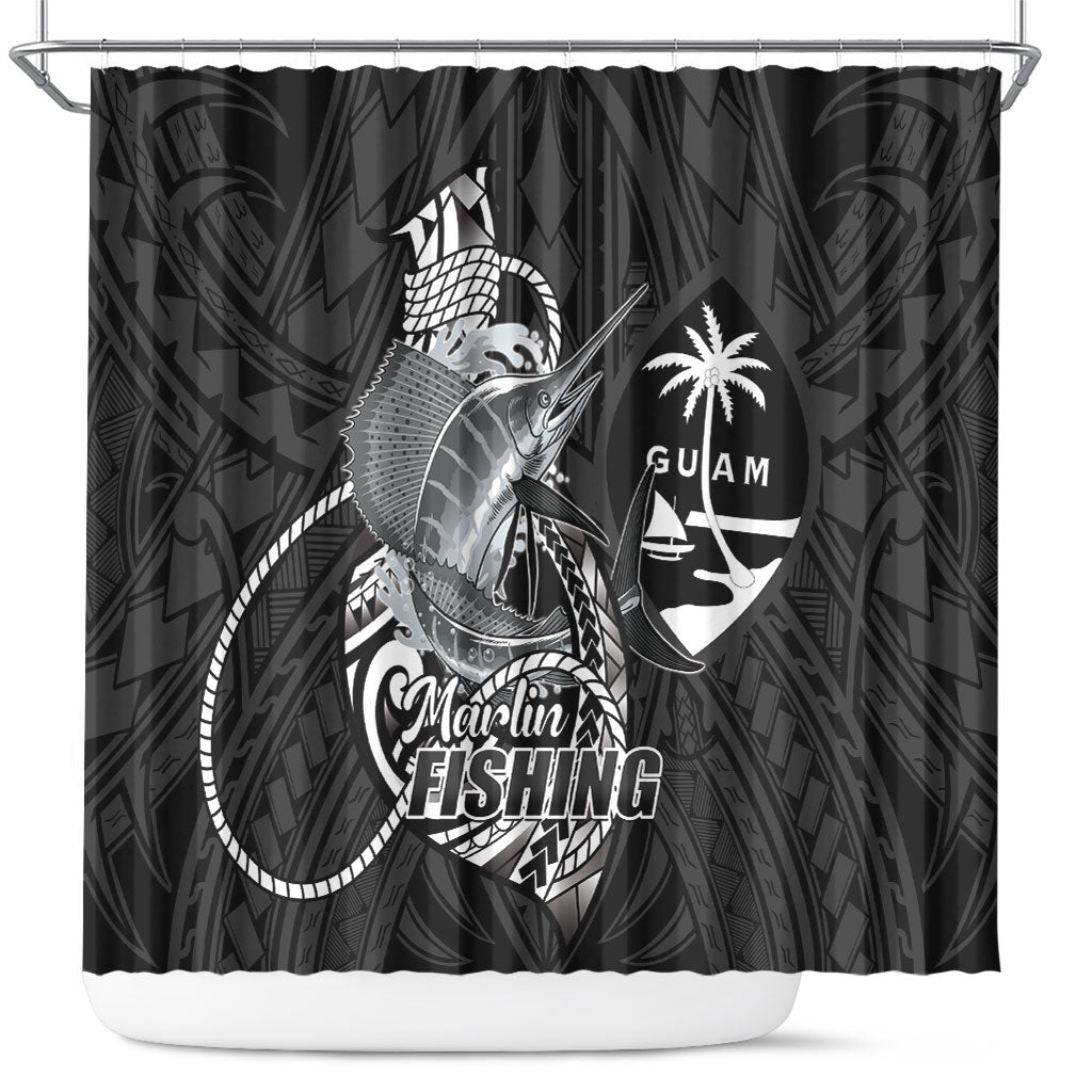 Guam Blue Marlin Fishing Shower Curtain Guahan Fish Hook Tattoo Black Version LT14 Black - Polynesian Pride
