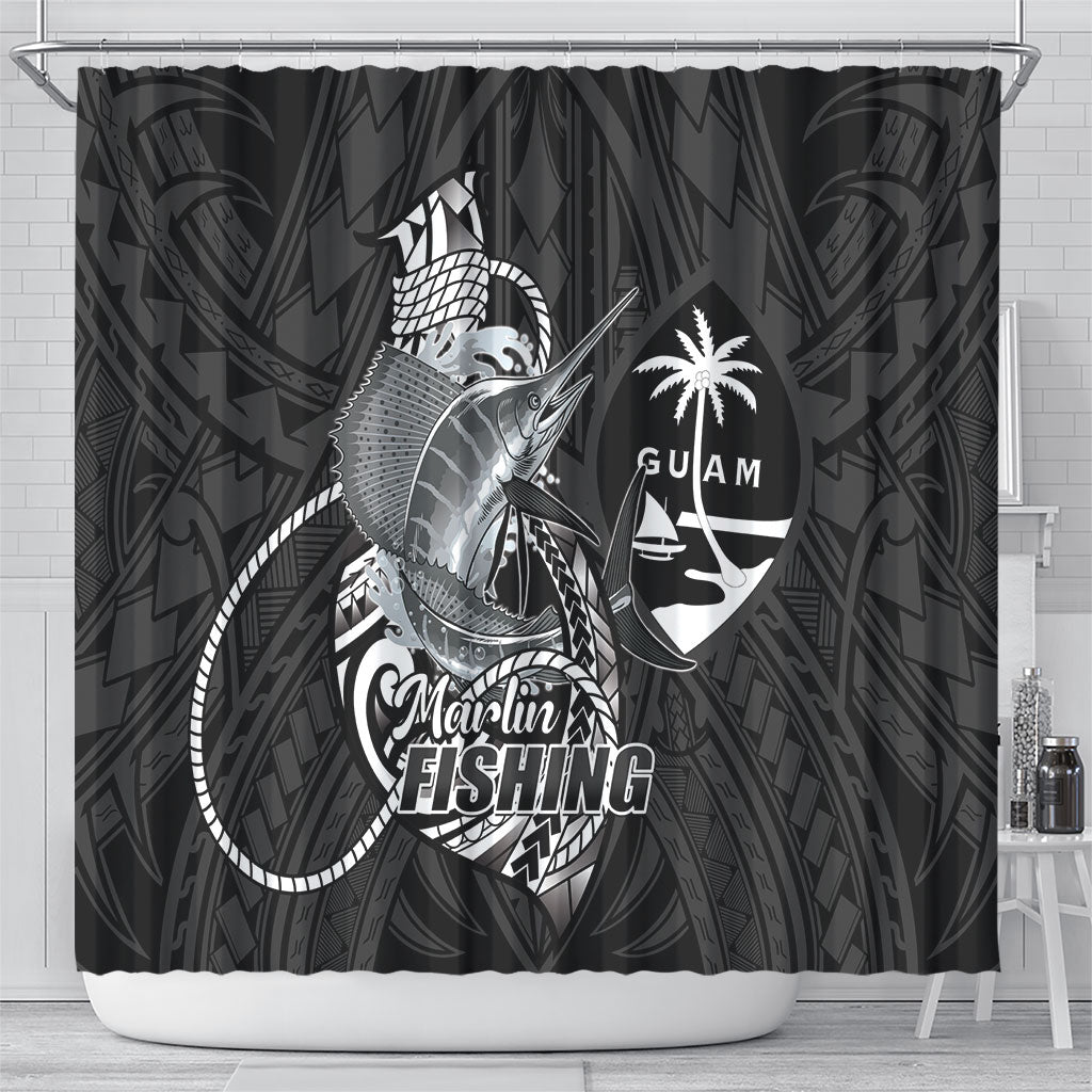 Guam Blue Marlin Fishing Shower Curtain Guahan Fish Hook Tattoo Black Version LT14 - Polynesian Pride