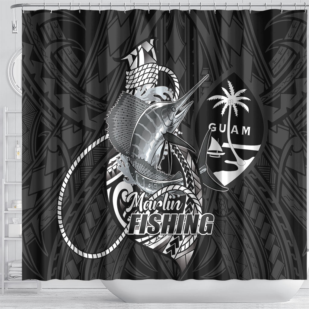 Guam Blue Marlin Fishing Shower Curtain Guahan Fish Hook Tattoo Black Version LT14 - Polynesian Pride