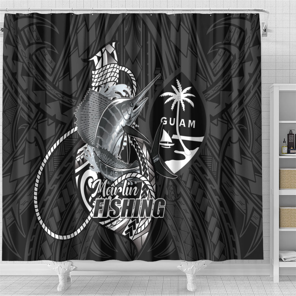 Guam Blue Marlin Fishing Shower Curtain Guahan Fish Hook Tattoo Black Version LT14 - Polynesian Pride