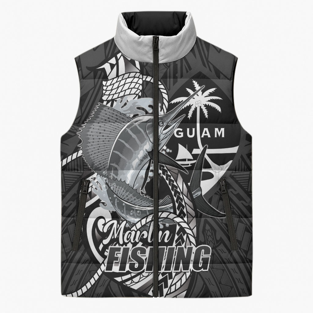 Guam Blue Marlin Fishing Sleeveless Puffer Jacket Guahan Fish Hook Tattoo Black Version