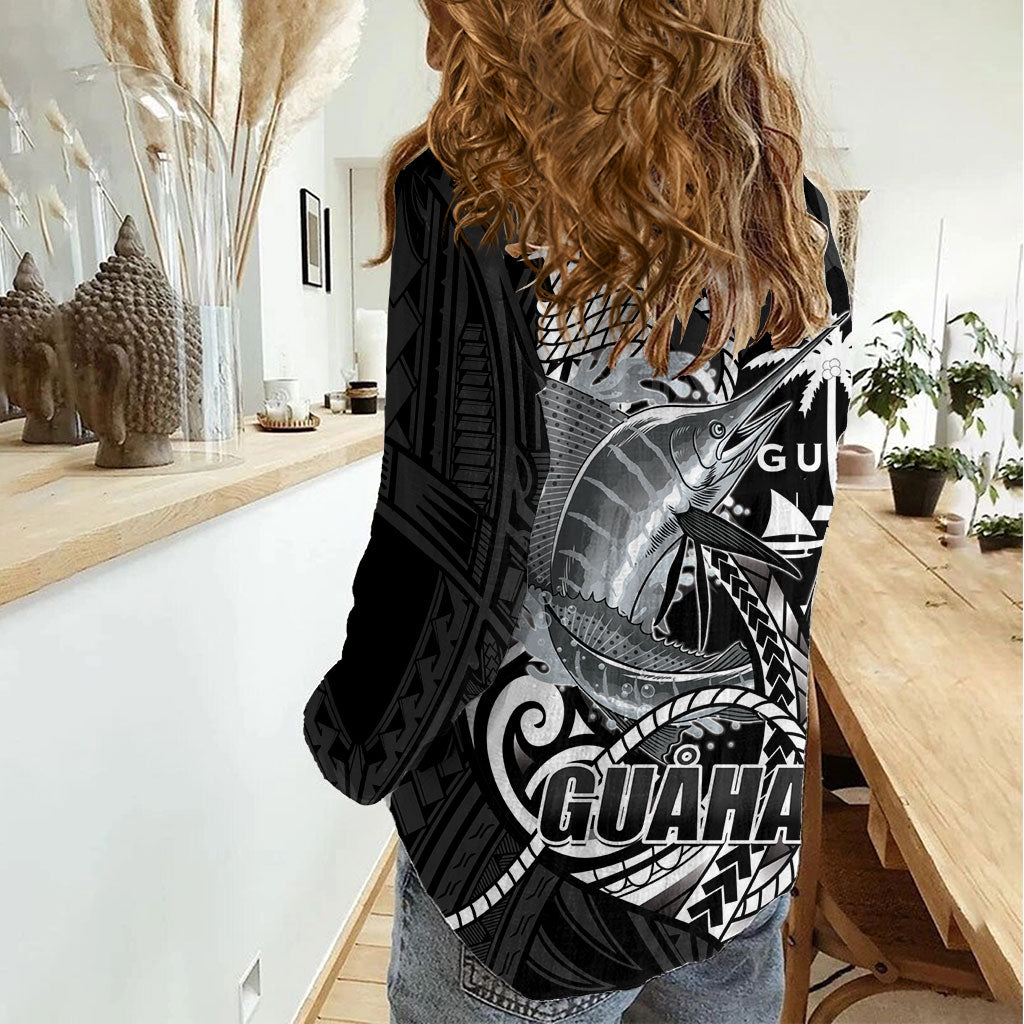 Guam Blue Marlin Fishing Women Casual Shirt Guahan Fish Hook Tattoo Black Version LT14 - Polynesian Pride