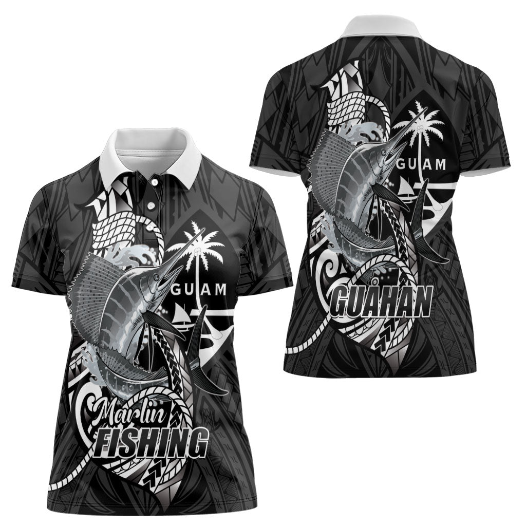 Guam Blue Marlin Fishing Women Polo Shirt Guahan Fish Hook Tattoo Black Version LT14 - Polynesian Pride