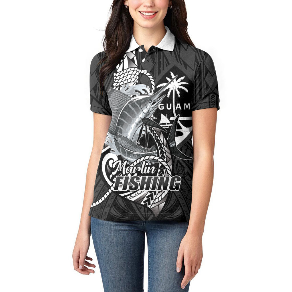 Guam Blue Marlin Fishing Women Polo Shirt Guahan Fish Hook Tattoo Black Version LT14 - Polynesian Pride