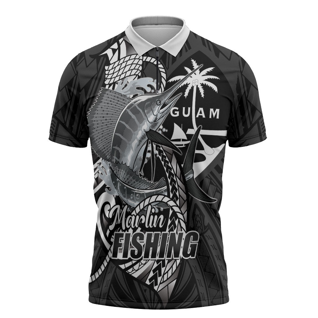Guam Blue Marlin Fishing Zipper Polo Shirt Guahan Fish Hook Tattoo Black Version
