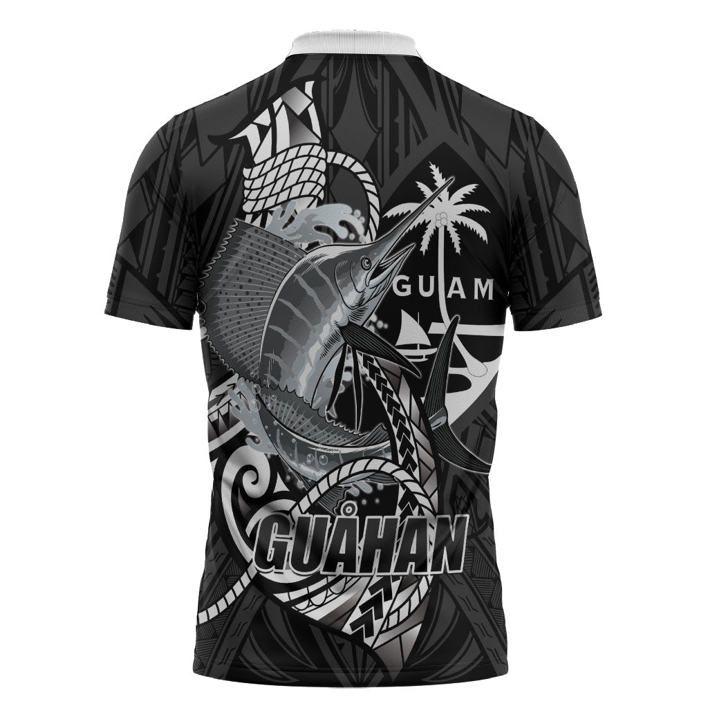 Guam Blue Marlin Fishing Zipper Polo Shirt Guahan Fish Hook Tattoo Black Version