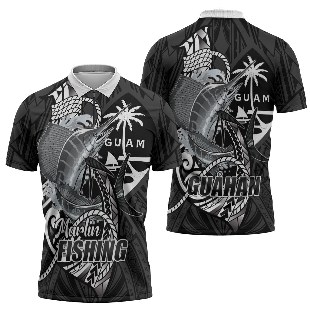 Guam Blue Marlin Fishing Zipper Polo Shirt Guahan Fish Hook Tattoo Black Version
