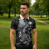 Guam Blue Marlin Fishing Zipper Polo Shirt Guahan Fish Hook Tattoo Black Version