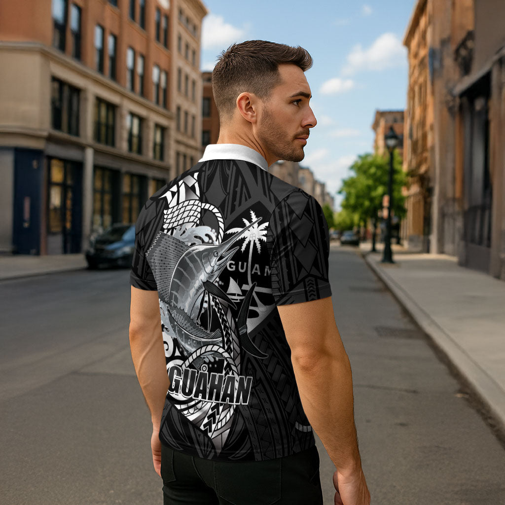 Guam Blue Marlin Fishing Zipper Polo Shirt Guahan Fish Hook Tattoo Black Version