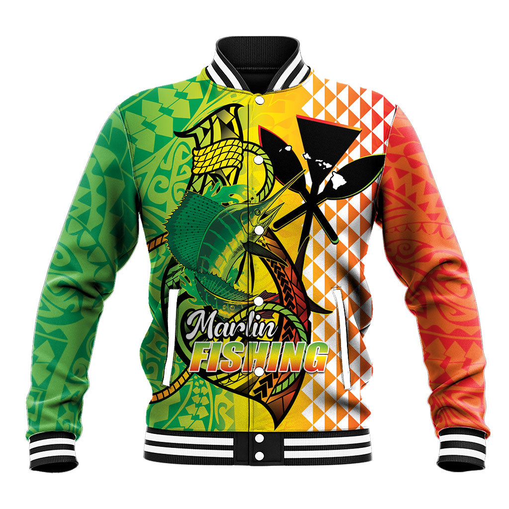 Hawaii Blue Marlin Fishing Baseball Jacket Hawaiian Kanaka Kakau Reggae LT14 Unisex Reggae - Polynesian Pride