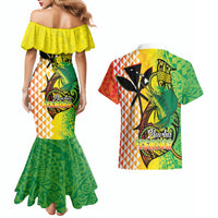 Hawaii Blue Marlin Fishing Couples Matching Mermaid Dress and Hawaiian Shirt Hawaiian Kanaka Kakau Reggae