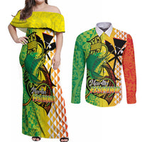 Hawaii Blue Marlin Fishing Couples Matching Off Shoulder Maxi Dress and Long Sleeve Button Shirt Hawaiian Kanaka Kakau Reggae