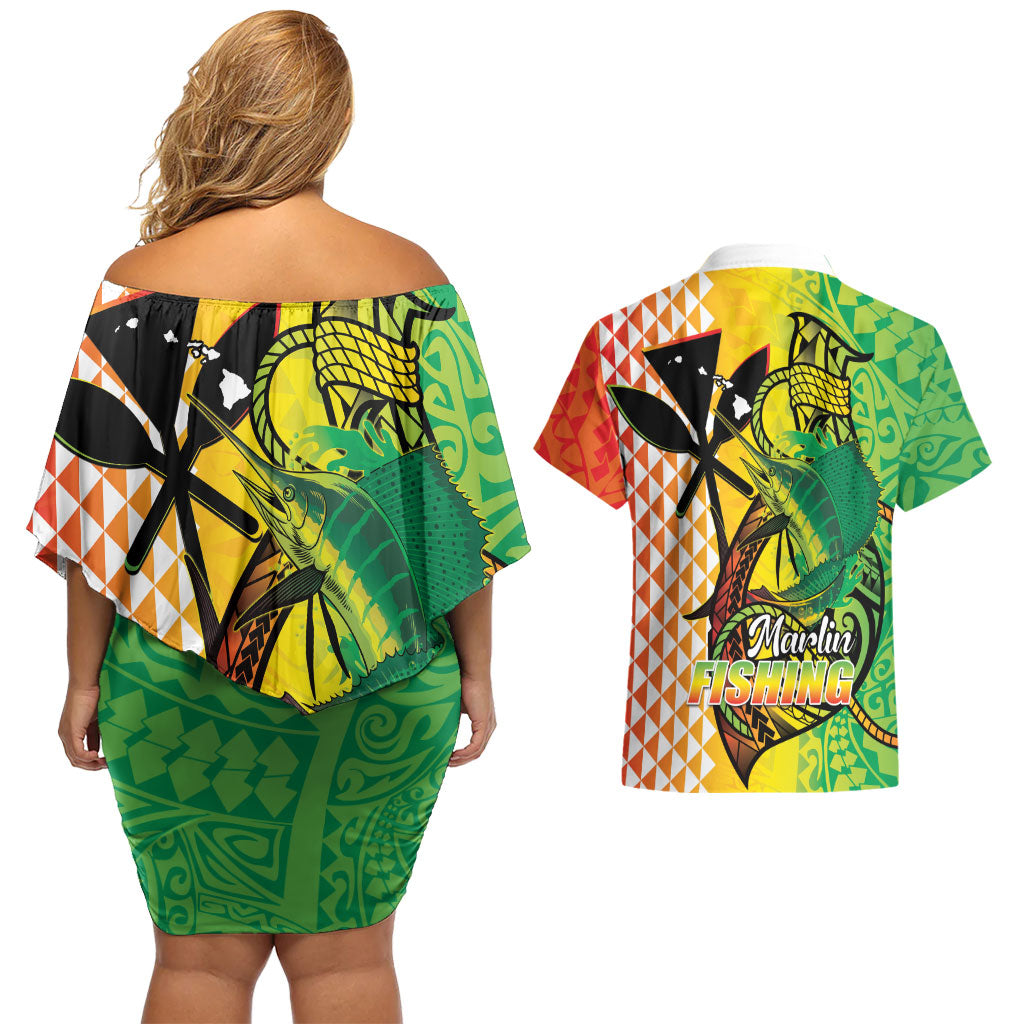 Hawaii Blue Marlin Fishing Couples Matching Off Shoulder Short Dress and Hawaiian Shirt Hawaiian Kanaka Kakau Reggae