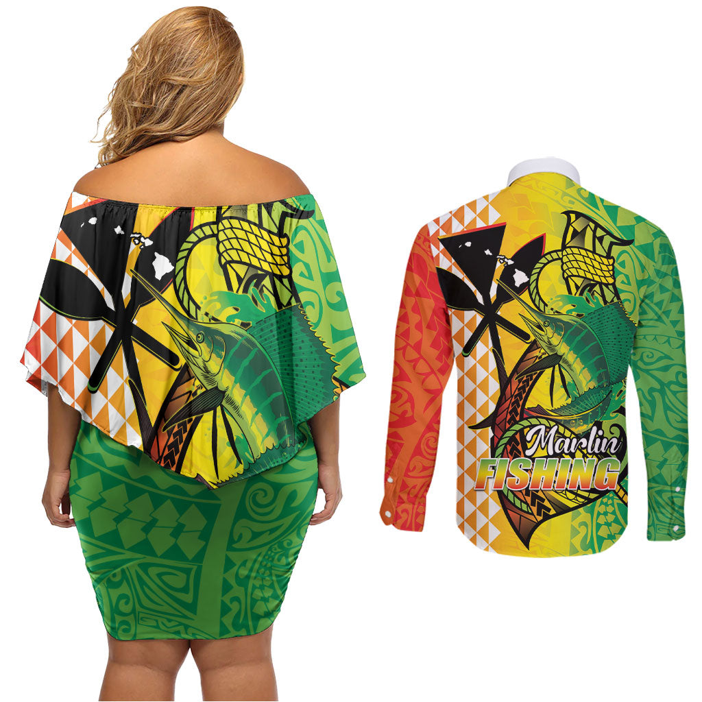 Hawaii Blue Marlin Fishing Couples Matching Off Shoulder Short Dress and Long Sleeve Button Shirt Hawaiian Kanaka Kakau Reggae