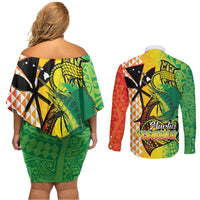 Hawaii Blue Marlin Fishing Couples Matching Off Shoulder Short Dress and Long Sleeve Button Shirt Hawaiian Kanaka Kakau Reggae