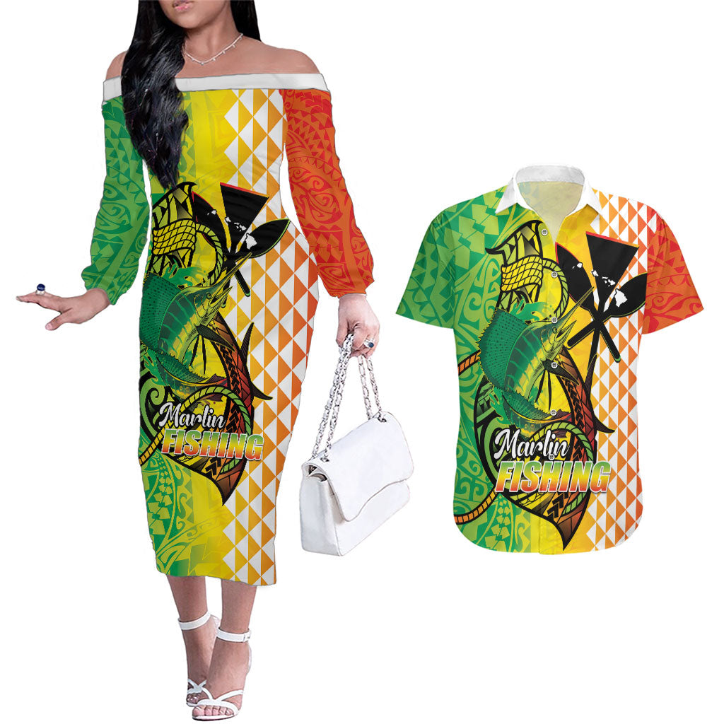 Hawaii Blue Marlin Fishing Couples Matching Off The Shoulder Long Sleeve Dress and Hawaiian Shirt Hawaiian Kanaka Kakau Reggae LT14 Reggae - Polynesian Pride