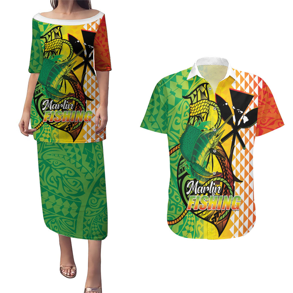 Hawaii Blue Marlin Fishing Couples Matching Puletasi and Hawaiian Shirt Hawaiian Kanaka Kakau Reggae