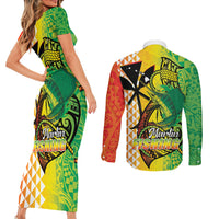 Hawaii Blue Marlin Fishing Couples Matching Short Sleeve Bodycon Dress and Long Sleeve Button Shirt Hawaiian Kanaka Kakau Reggae