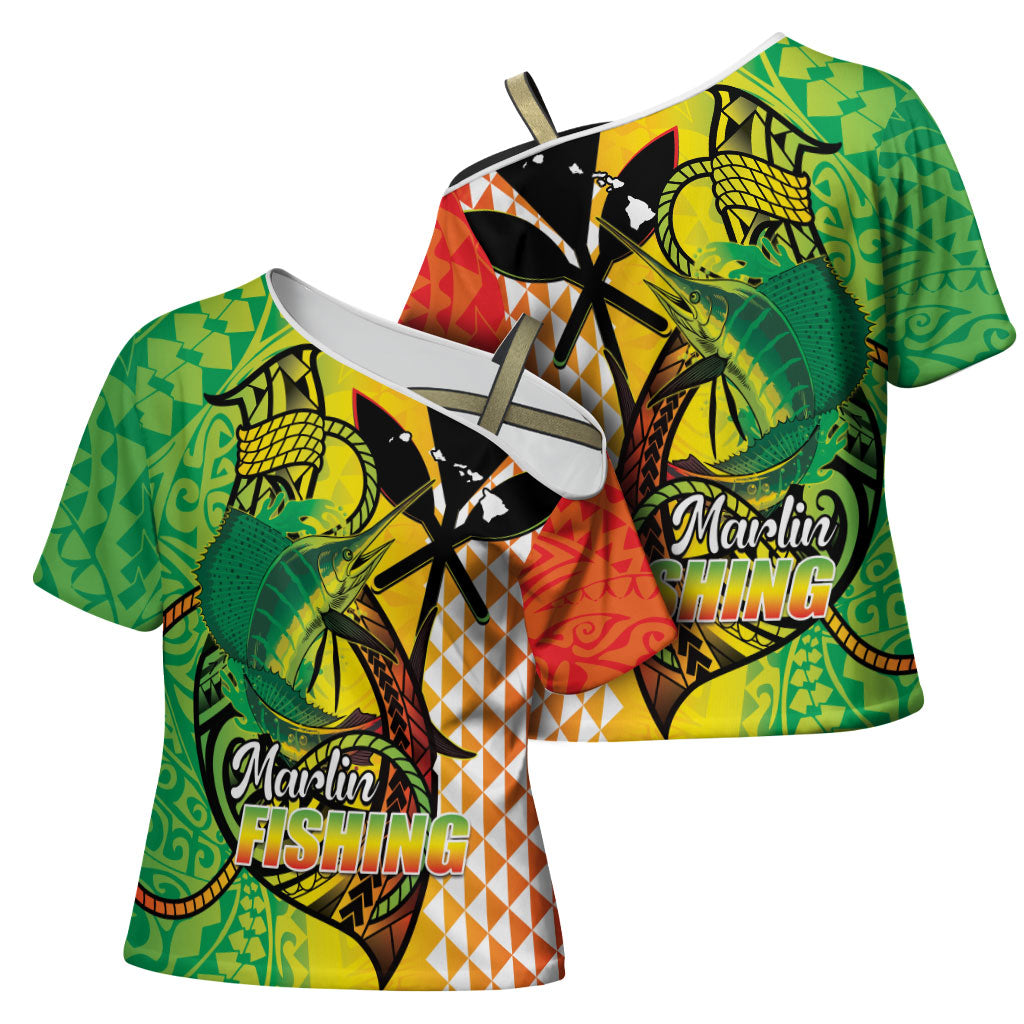 Hawaii Blue Marlin Fishing Cross Shoulder Shirt Hawaiian Kanaka Kakau Reggae LT14 - Polynesian Pride