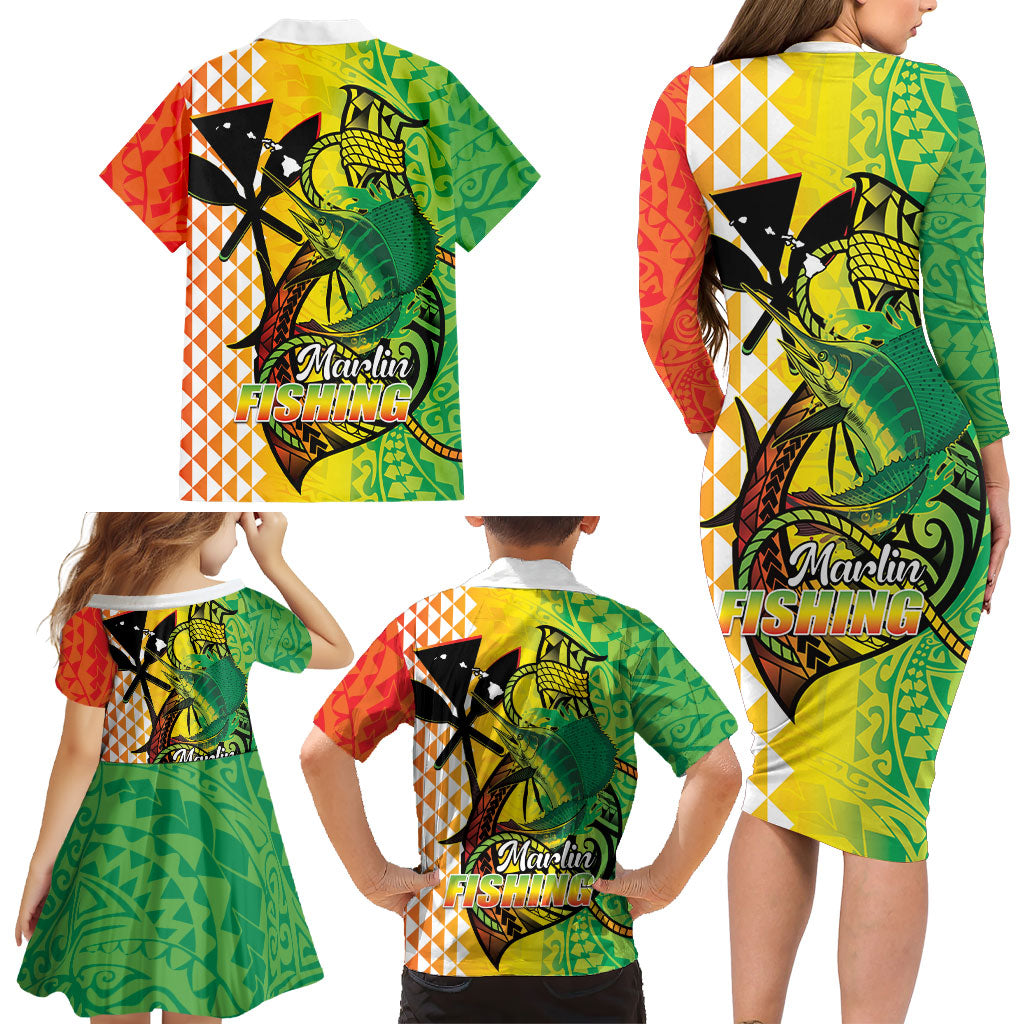 Hawaii Blue Marlin Fishing Family Matching Long Sleeve Bodycon Dress and Hawaiian Shirt Hawaiian Kanaka Kakau Reggae
