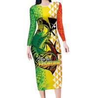 Hawaii Blue Marlin Fishing Family Matching Long Sleeve Bodycon Dress and Hawaiian Shirt Hawaiian Kanaka Kakau Reggae