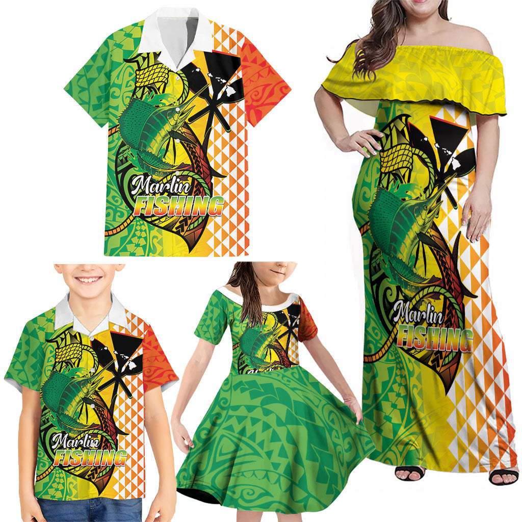 Hawaii Blue Marlin Fishing Family Matching Off Shoulder Maxi Dress and Hawaiian Shirt Hawaiian Kanaka Kakau Reggae LT14 - Polynesian Pride