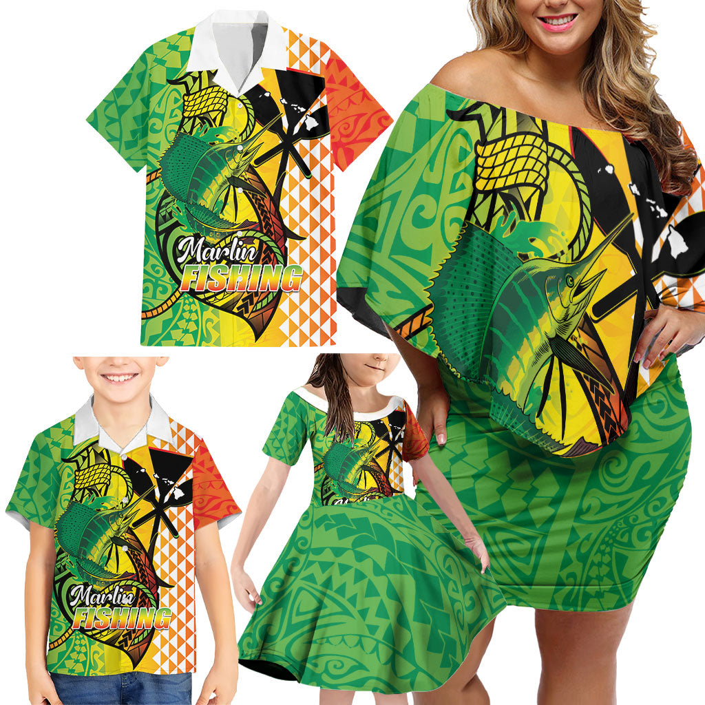 Hawaii Blue Marlin Fishing Family Matching Off Shoulder Short Dress and Hawaiian Shirt Hawaiian Kanaka Kakau Reggae