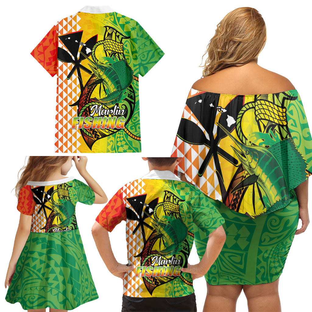 Hawaii Blue Marlin Fishing Family Matching Off Shoulder Short Dress and Hawaiian Shirt Hawaiian Kanaka Kakau Reggae