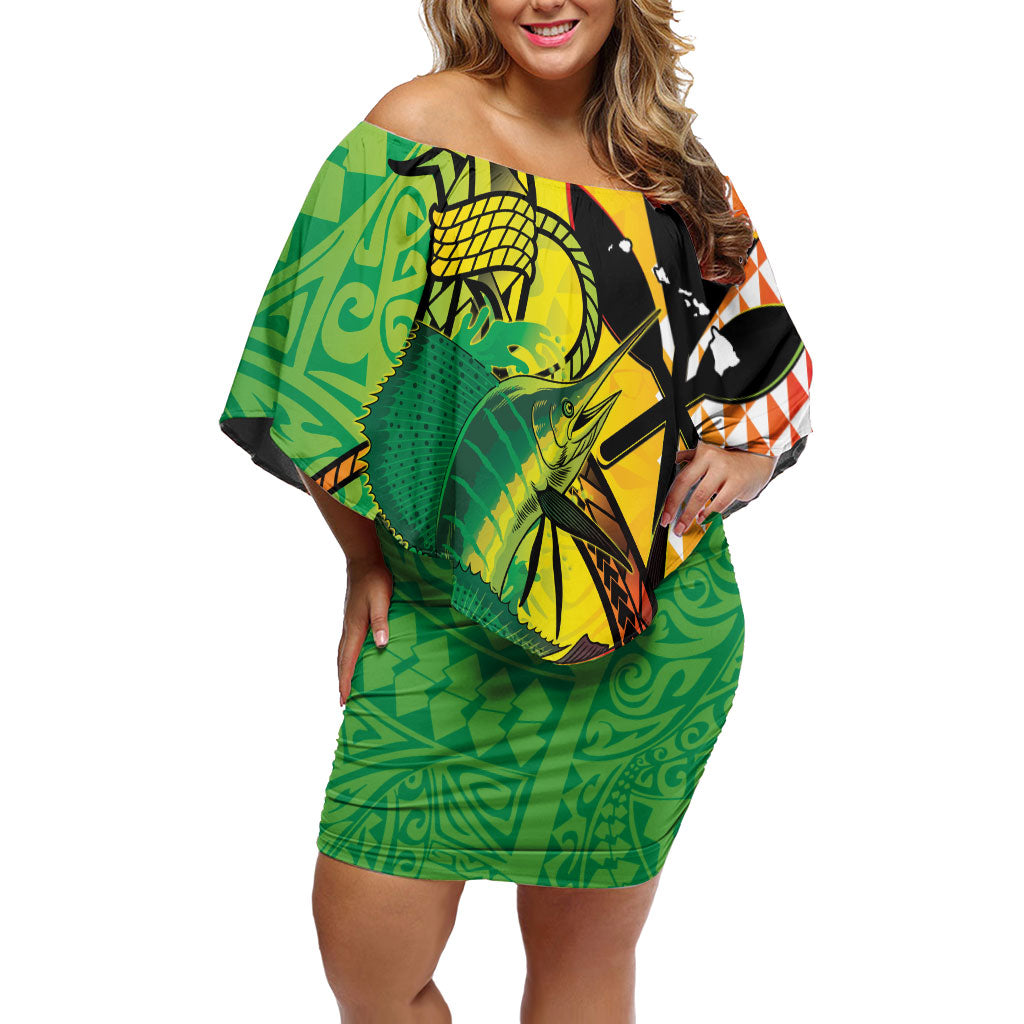 Hawaii Blue Marlin Fishing Family Matching Off Shoulder Short Dress and Hawaiian Shirt Hawaiian Kanaka Kakau Reggae