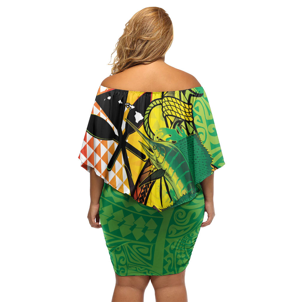 Hawaii Blue Marlin Fishing Family Matching Off Shoulder Short Dress and Hawaiian Shirt Hawaiian Kanaka Kakau Reggae