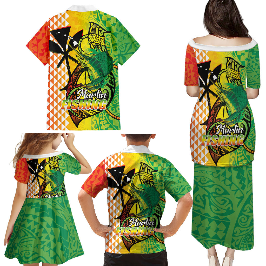 Hawaii Blue Marlin Fishing Family Matching Puletasi and Hawaiian Shirt Hawaiian Kanaka Kakau Reggae