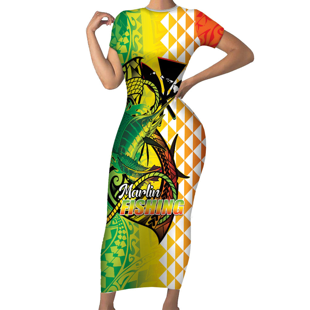 Hawaii Blue Marlin Fishing Family Matching Short Sleeve Bodycon Dress and Hawaiian Shirt Hawaiian Kanaka Kakau Reggae