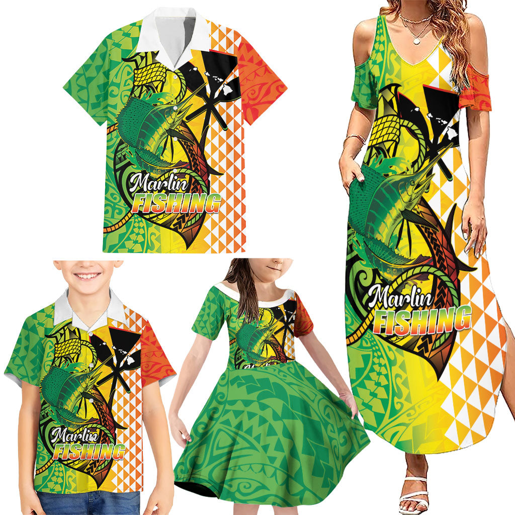 Hawaii Blue Marlin Fishing Family Matching Summer Maxi Dress and Hawaiian Shirt Hawaiian Kanaka Kakau Reggae LT14 - Polynesian Pride