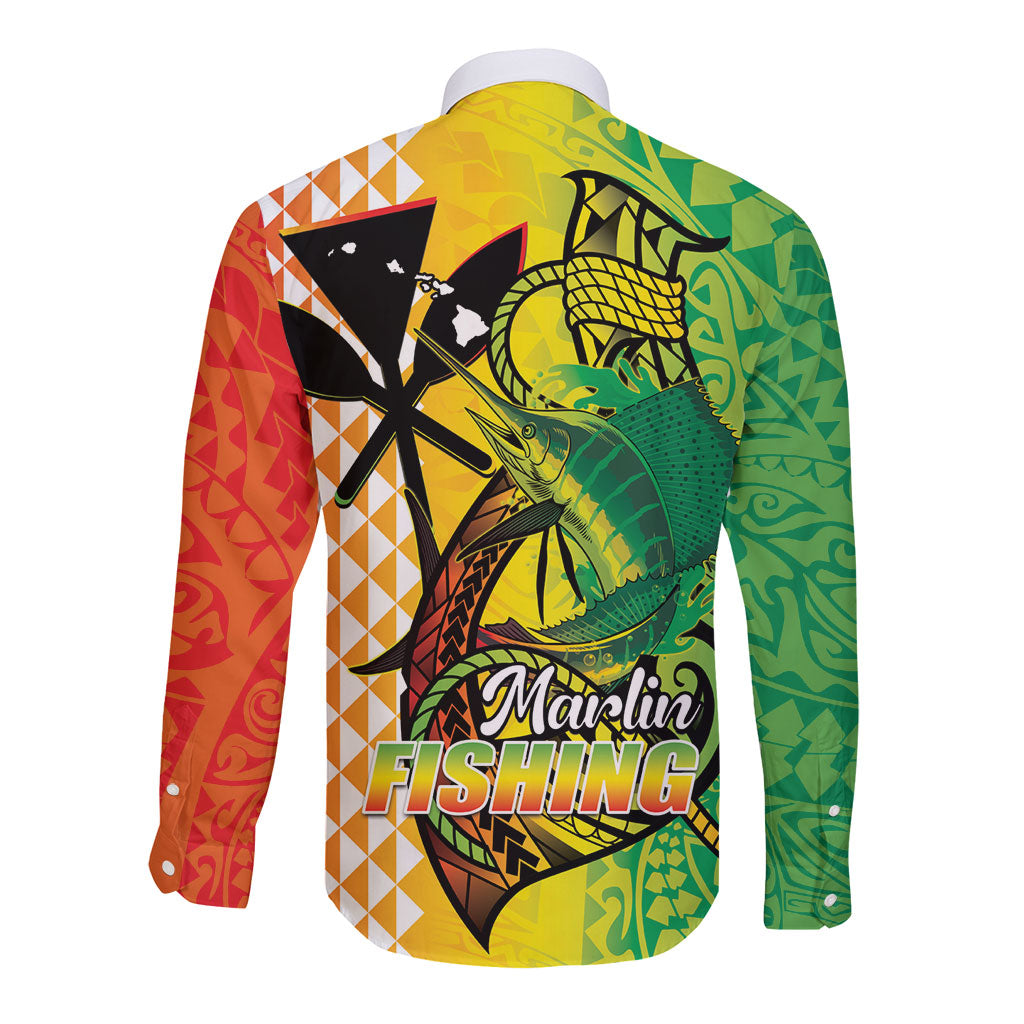 Hawaii Blue Marlin Fishing Long Sleeve Button Shirt Hawaiian Kanaka Kakau Reggae LT14 - Polynesian Pride