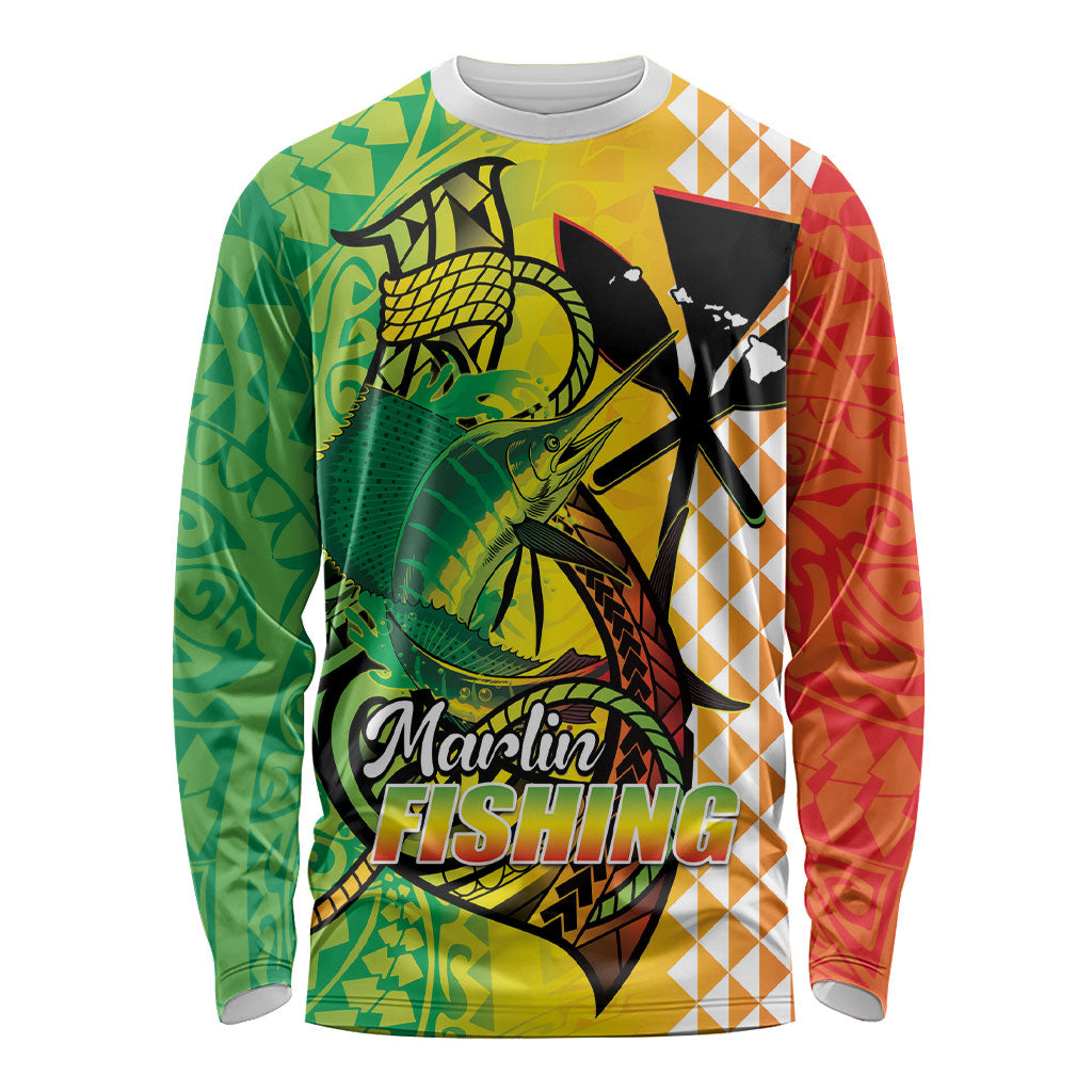 Hawaii Blue Marlin Fishing Long Sleeve Shirt Hawaiian Kanaka Kakau Reggae LT14 Unisex Reggae - Polynesian Pride